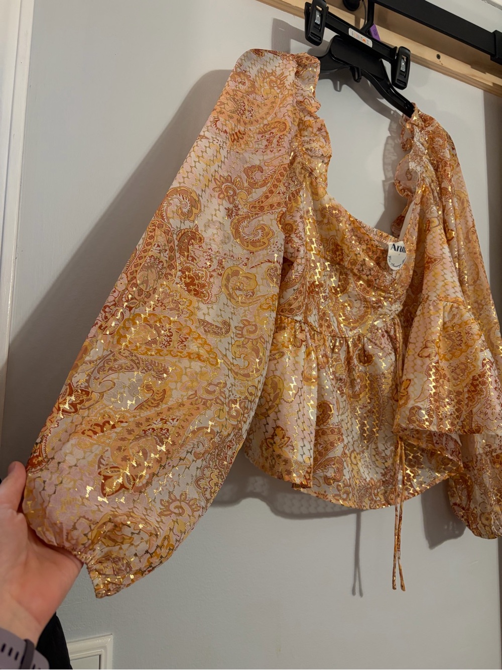 Arula Metallic Paisley Peplum Blouse XL Boho Balloon Sleeve Gold Shimmer - Picture 9 of 9